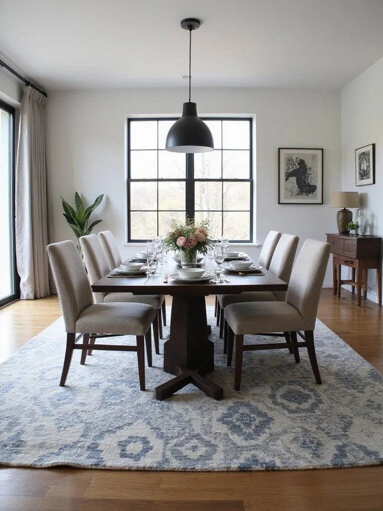 Modern dining room with a patterned rug anchoring the space.