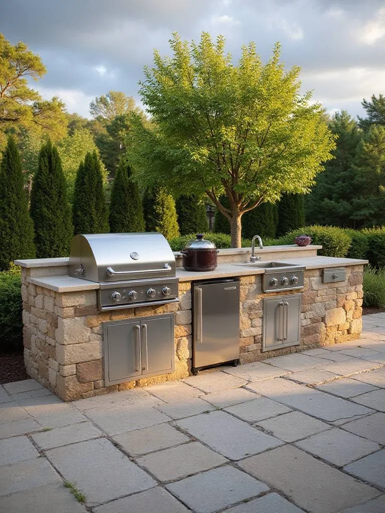 High-quality stainless steel outdoor kitchen appliances built into a stone countertop.