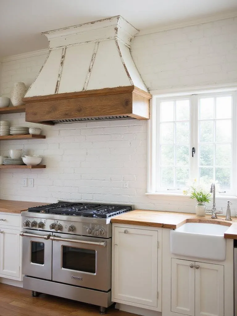 Farmhouse kitchen with a statement range hood made of reclaimed wood and plaster
