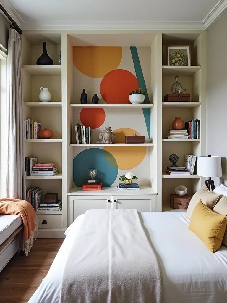 Bedroom with built-in bookshelf highlighted by geometric wallpaper, creating a focal point.