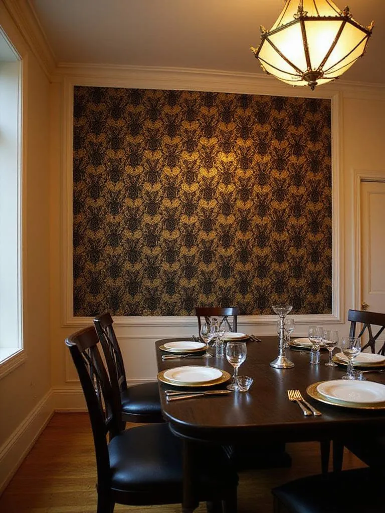 Dining room with Art Deco gold and black geometric wallpaper accent wall