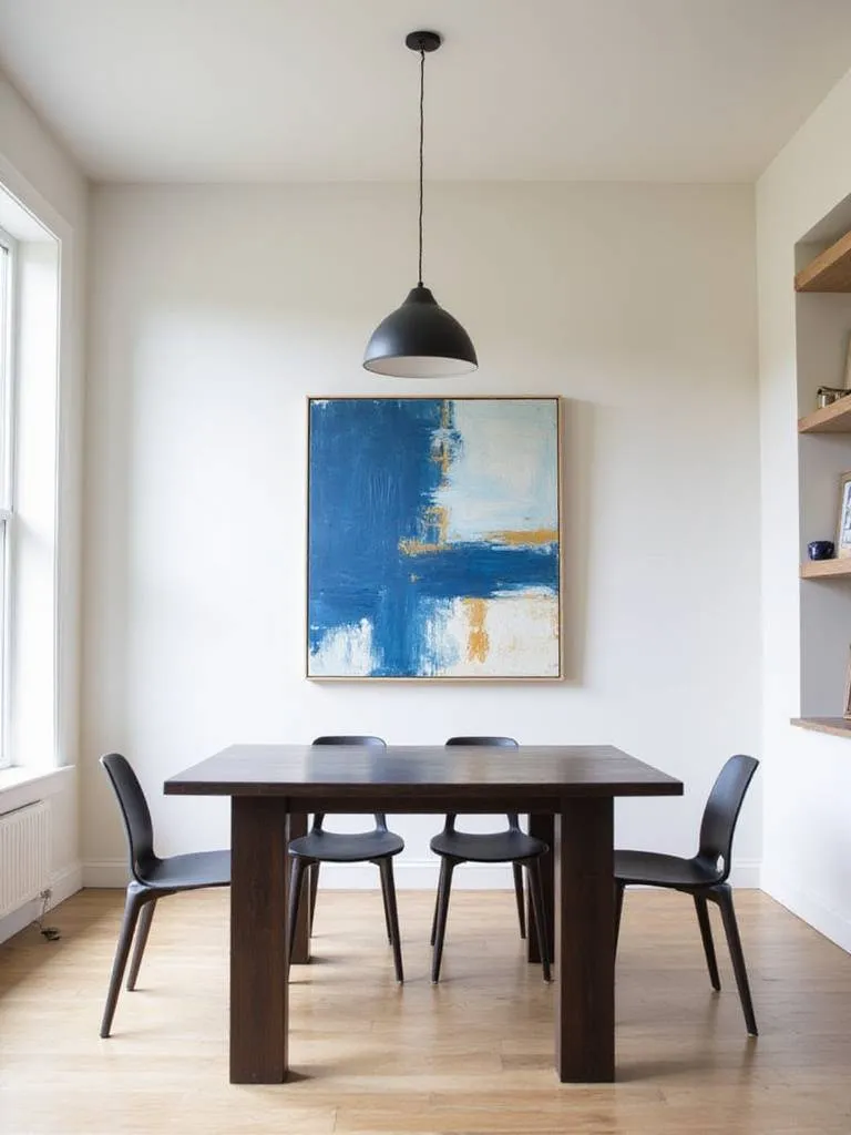 Modern dining room with a large abstract painting as a focal point.