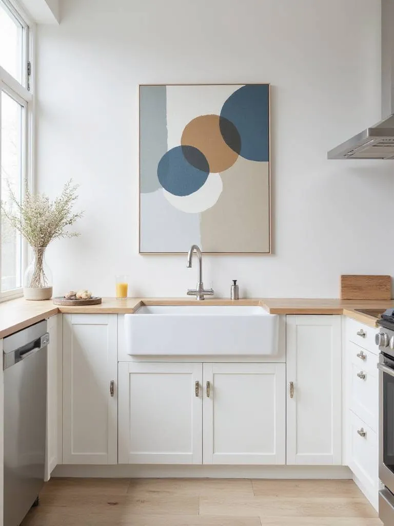 Modern kitchen with abstract art above the sink
