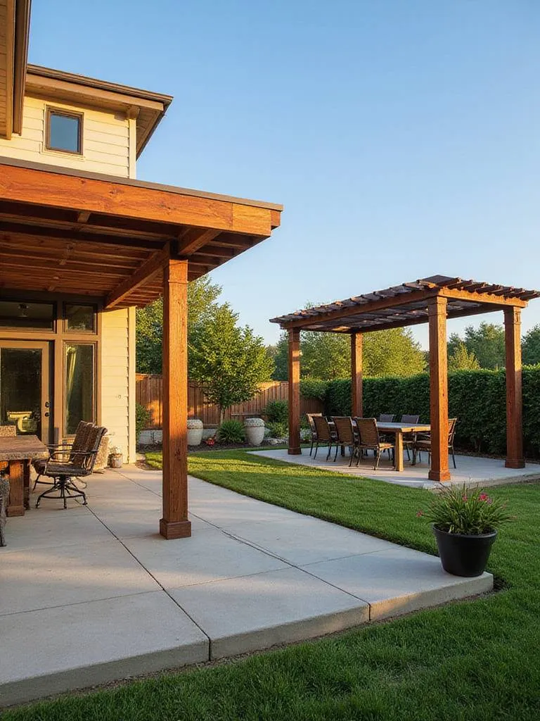 Attached wood pergola and standalone metal pergola on a patio.