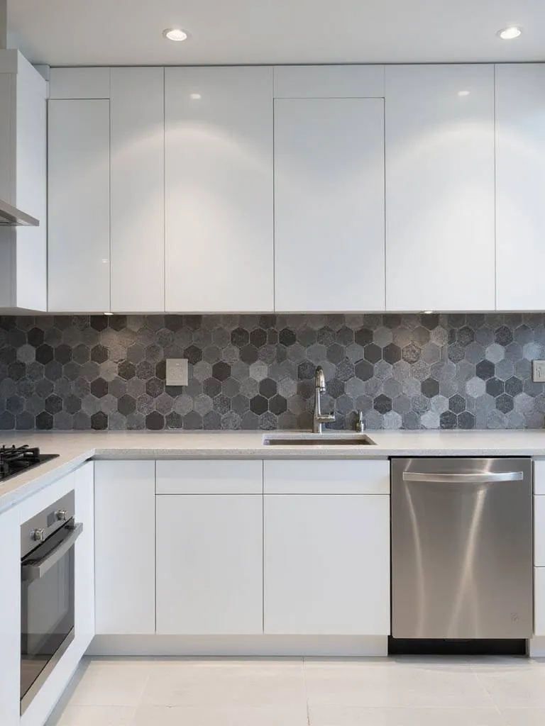 Modern kitchen backsplash with geometric hexagonal tiles in grey tones.