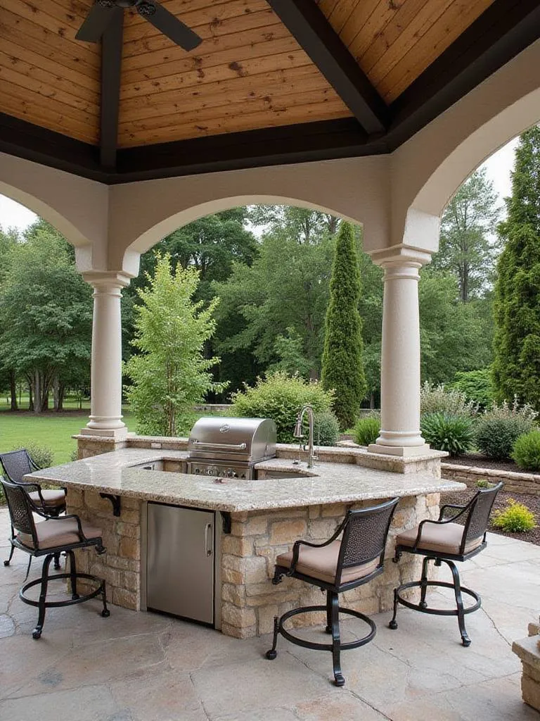Luxurious outdoor kitchen with built-in stone bar area and stainless steel appliances