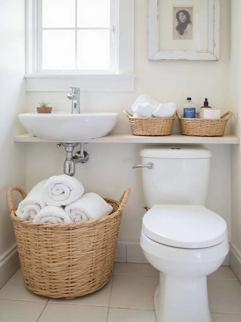 Bathroom with woven baskets storing towels and toiletries.