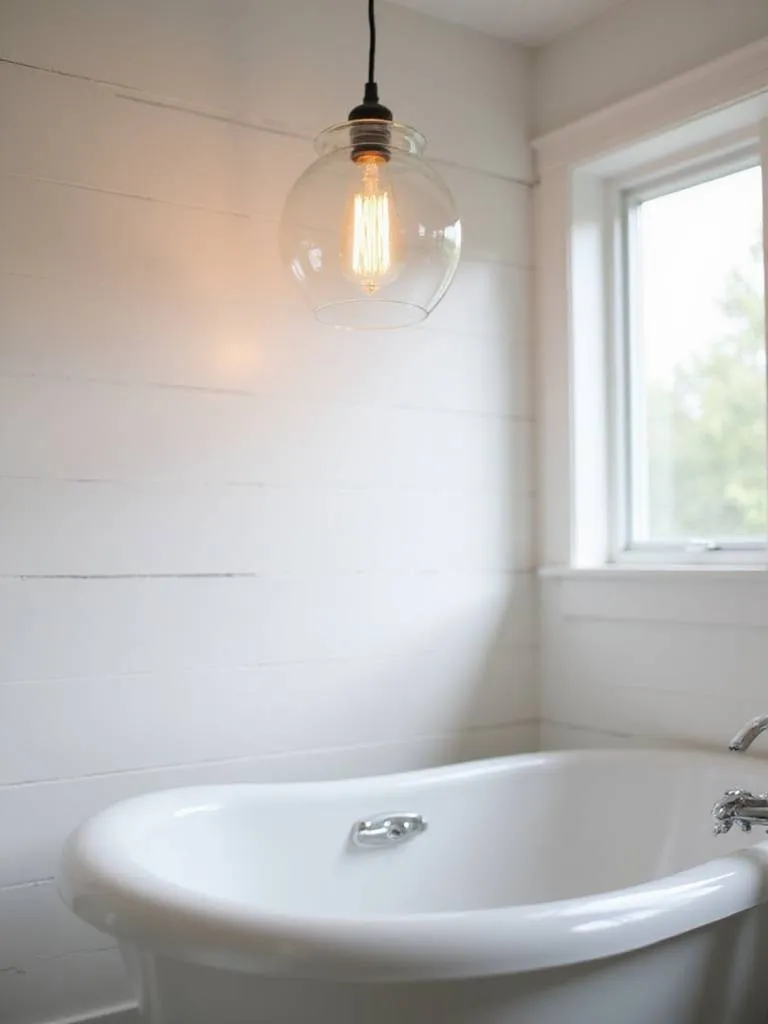 Farmhouse bathroom with freestanding tub and Edison bulb pendant light