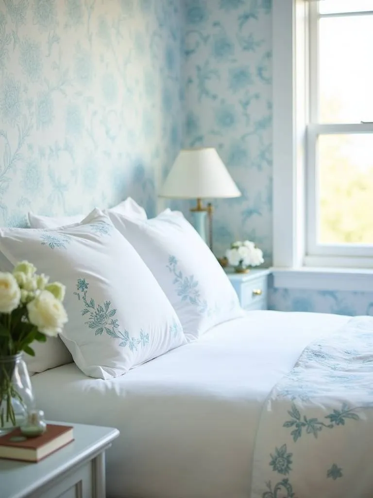 Bedroom with light blue floral wallpaper and matching white linen bedding with blue floral embroidery