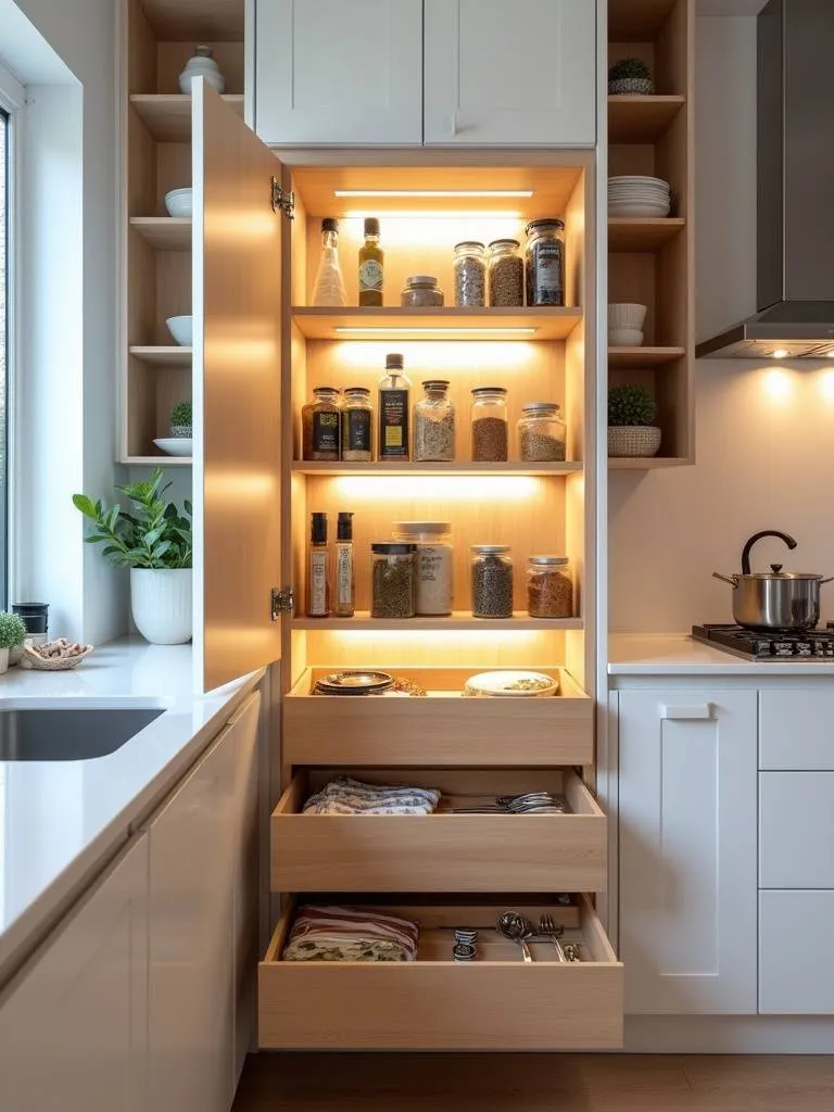 Custom kitchen cabinet with pull-out spice rack and integrated lighting showcasing personalized kitchen design.