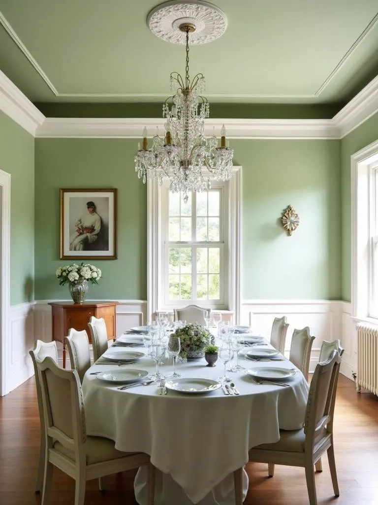 Elegant dining room with sage green walls, white trim, and a lighter sage green ceiling, creating a polished and inviting atmosphere