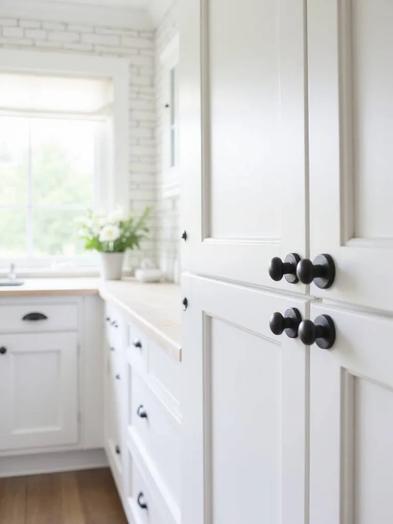 Farmhouse kitchen with white cabinets and black iron hardware