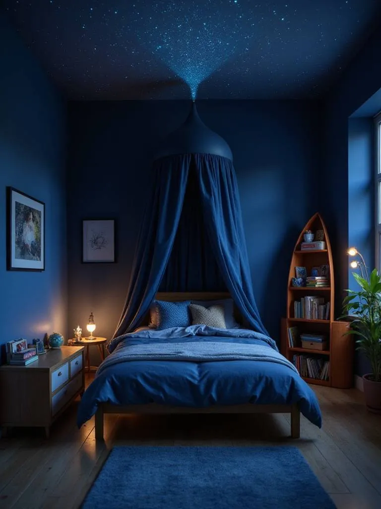 Space-themed bedroom with galaxy mural, rocket bookshelf, and star projector.