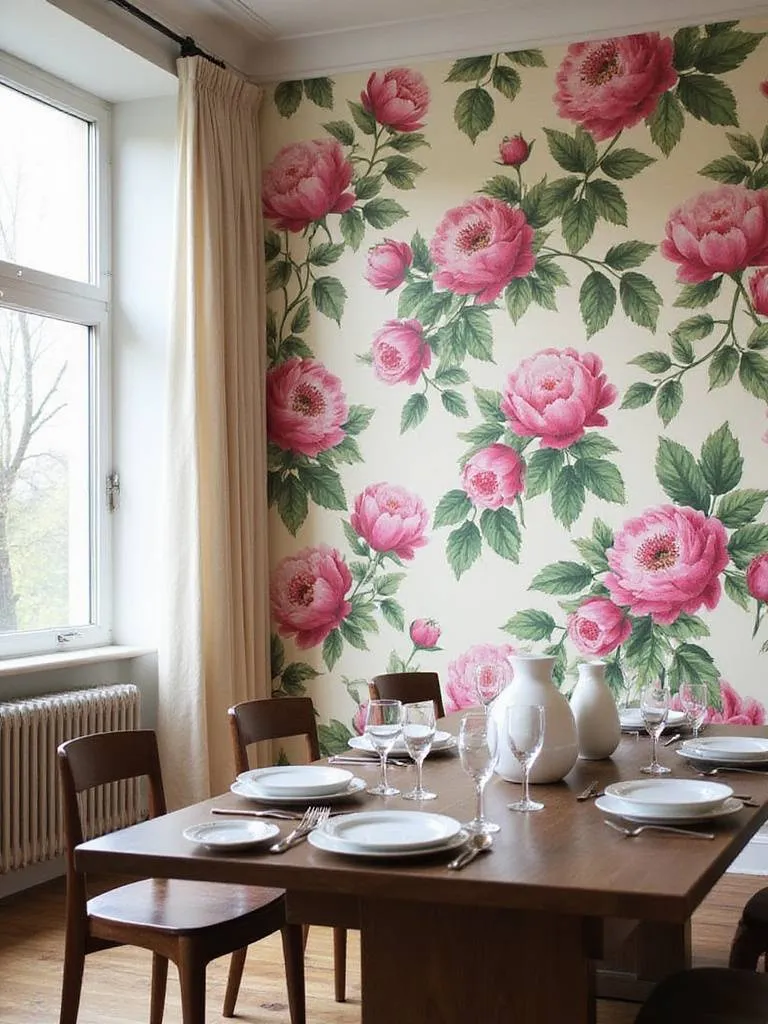 Dining room with bold pink peony floral wallpaper