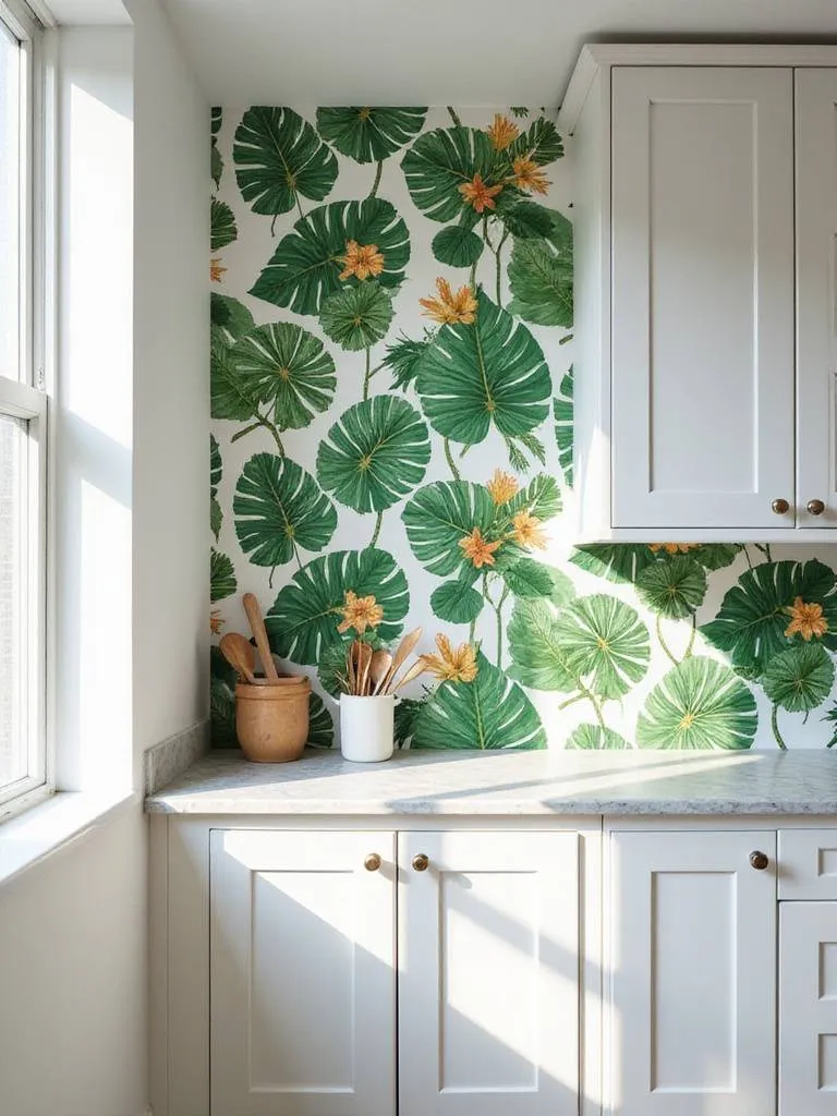 Kitchen with white cabinets and bold botanical wallpaper accent wall