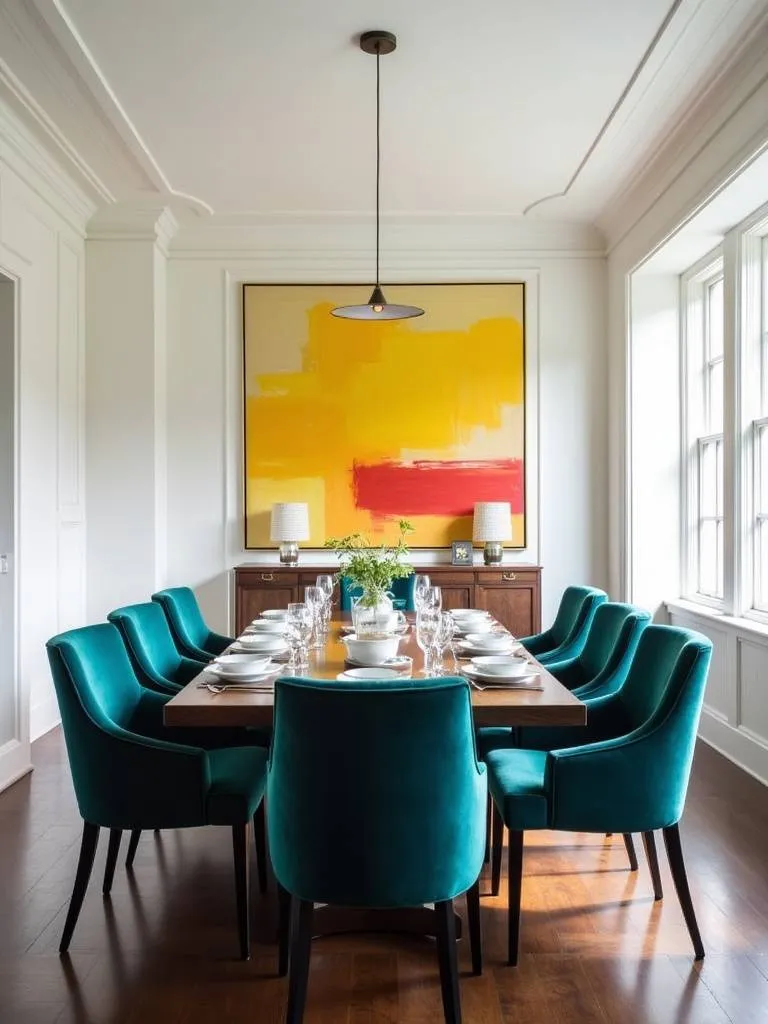 Dining room with teal velvet chairs and bold abstract art