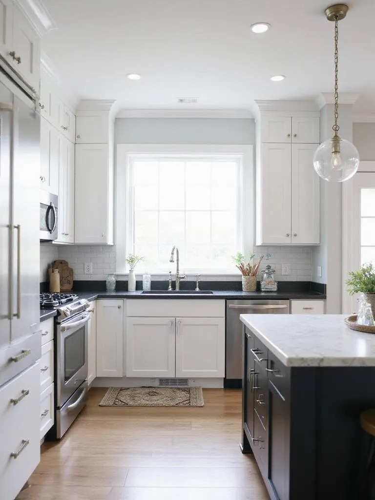 Modern black and white kitchen with shaker cabinets, granite countertops, and stainless steel appliances.