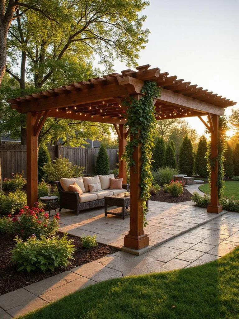 Backyard pergola with seating area, lush landscaping, and warm lighting.
