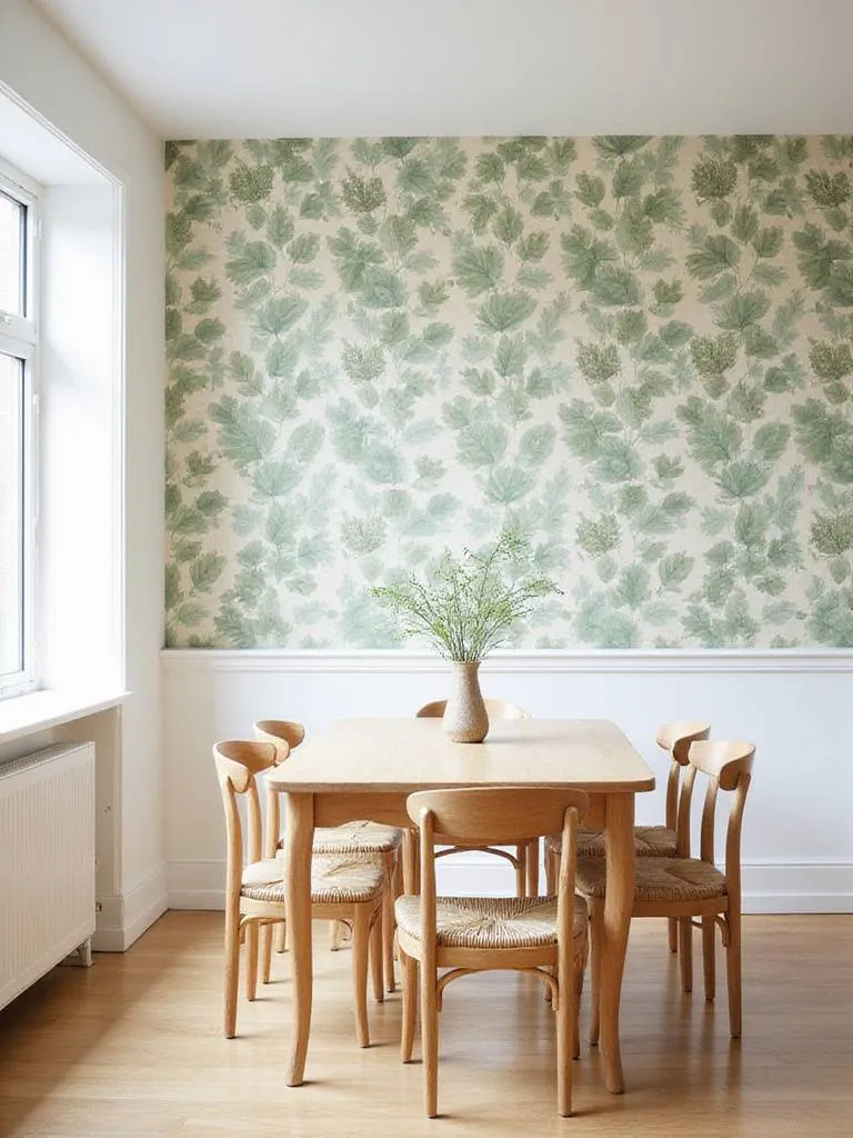 Dining room with botanical wallpaper accent wall featuring lush green leaves