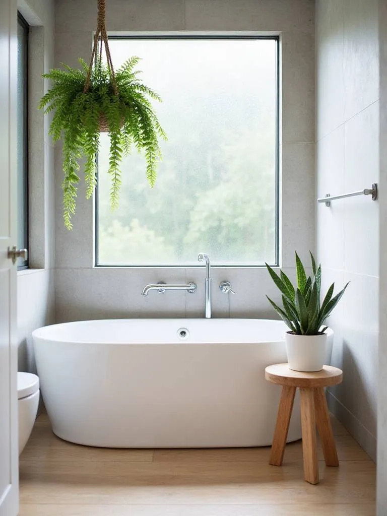 Modern bathroom with lush green plants, including a hanging fern and a snake plant, adding a natural and calming element to the space.