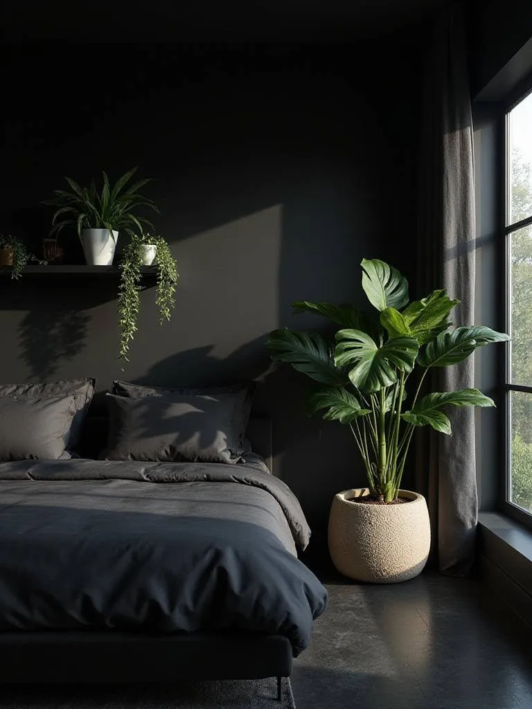 Black bedroom interior with lush green plants, creating a calming and inviting atmosphere.
