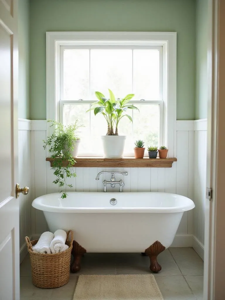 Farmhouse bathroom with clawfoot tub, wooden shelf with trailing Pothos plant, succulents on windowsill, and soft green walls.