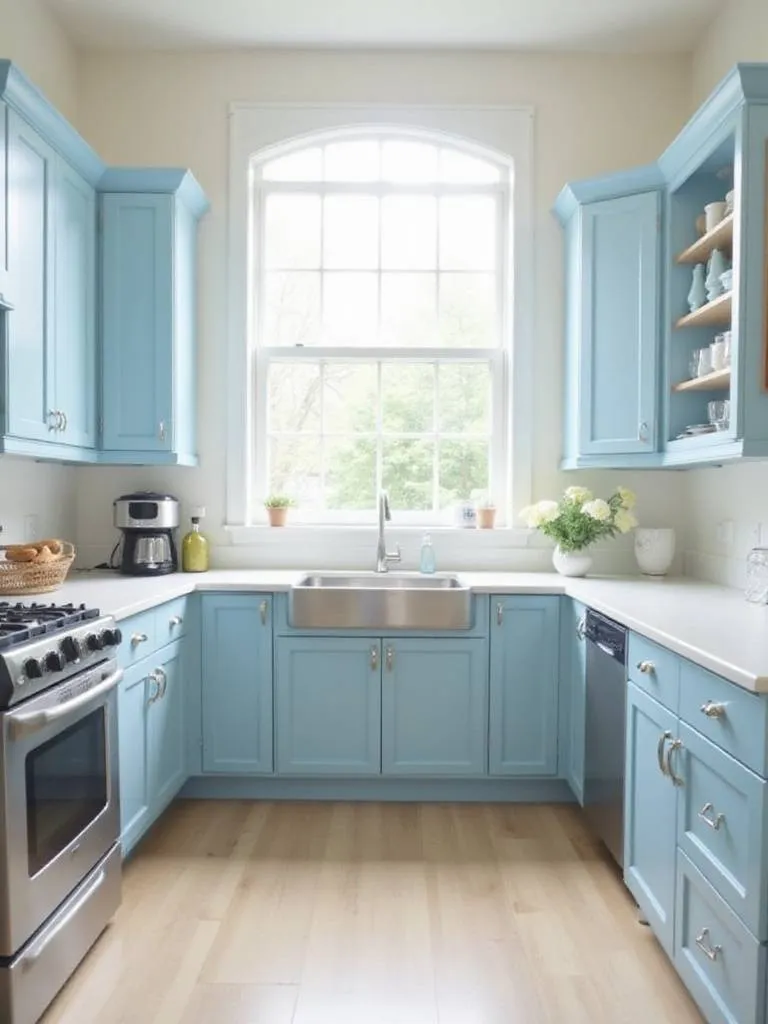 Light blue kitchen cabinets with white countertops, creating a bright and refreshing cooking space.