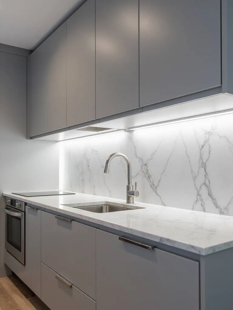 Modern kitchen with bright LED under-cabinet lighting illuminating the countertop.
