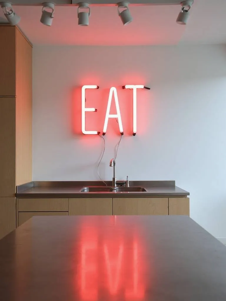 Modern kitchen with a red neon 'EAT' sign above the countertop.
