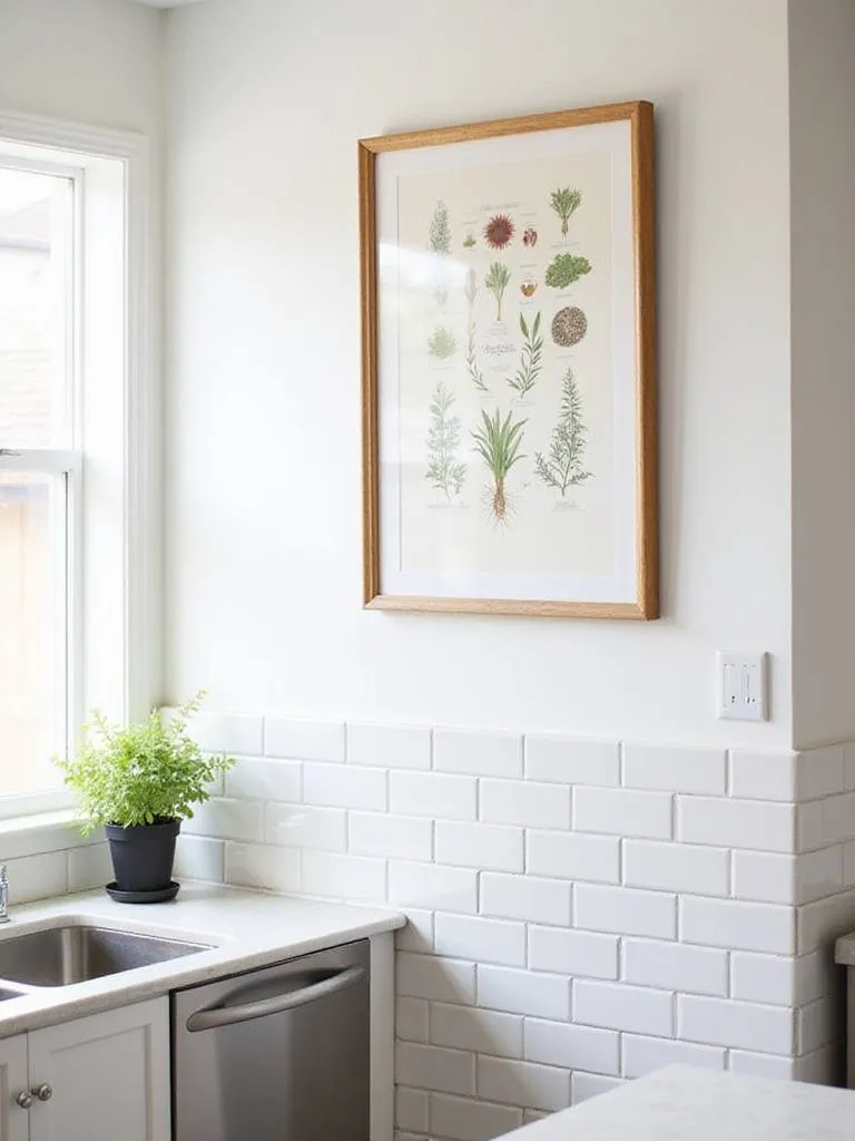Botanical herb print hanging above a kitchen sink, adding a natural touch to the space.