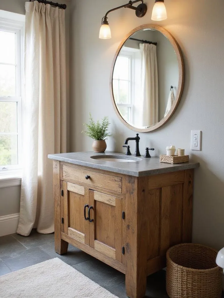 Farmhouse bathroom with reclaimed wood vanity and natural stone countertop