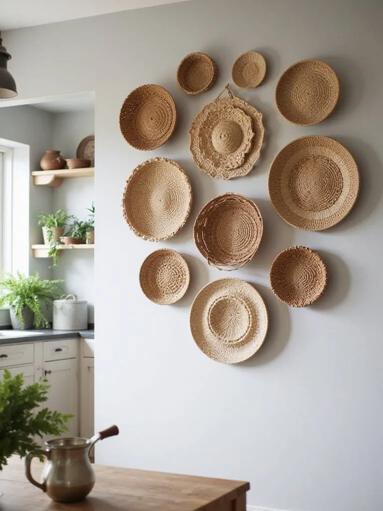 Kitchen wall decor featuring a curated collection of woven baskets in various sizes and textures.