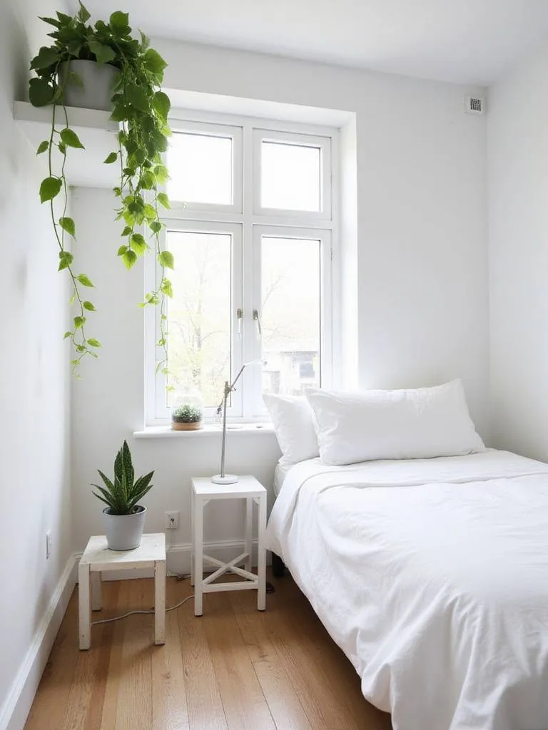 Small bedroom makeover featuring plants for freshness and airiness.