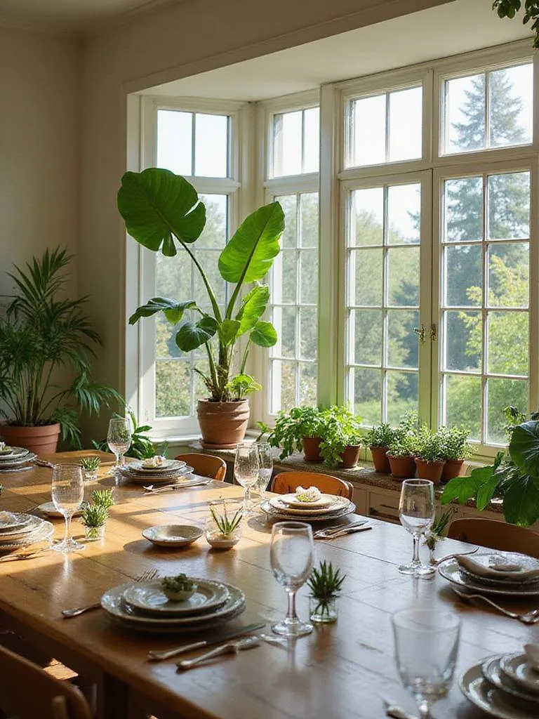 Dining room with plants and natural light, creating a serene atmosphere