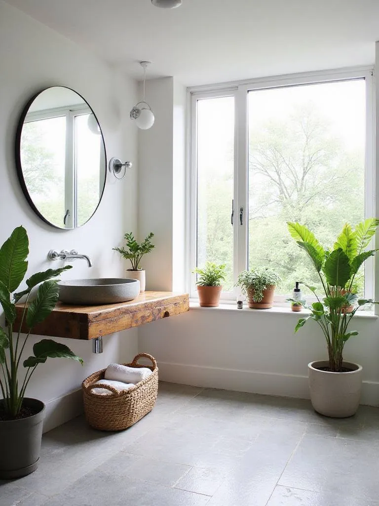 Modern bathroom with reclaimed wood vanity, concrete countertop, and slate tile floor, incorporating natural elements for a serene atmosphere.