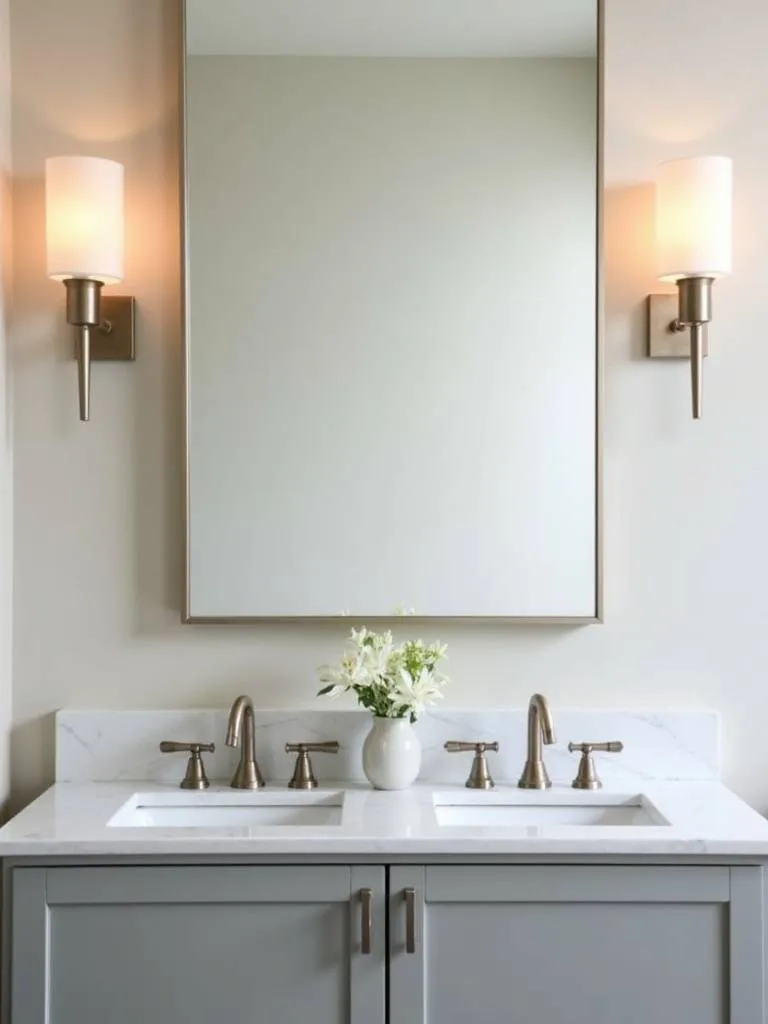 Brushed nickel bathroom sconces over mirror providing warm, diffused light in a contemporary bathroom.