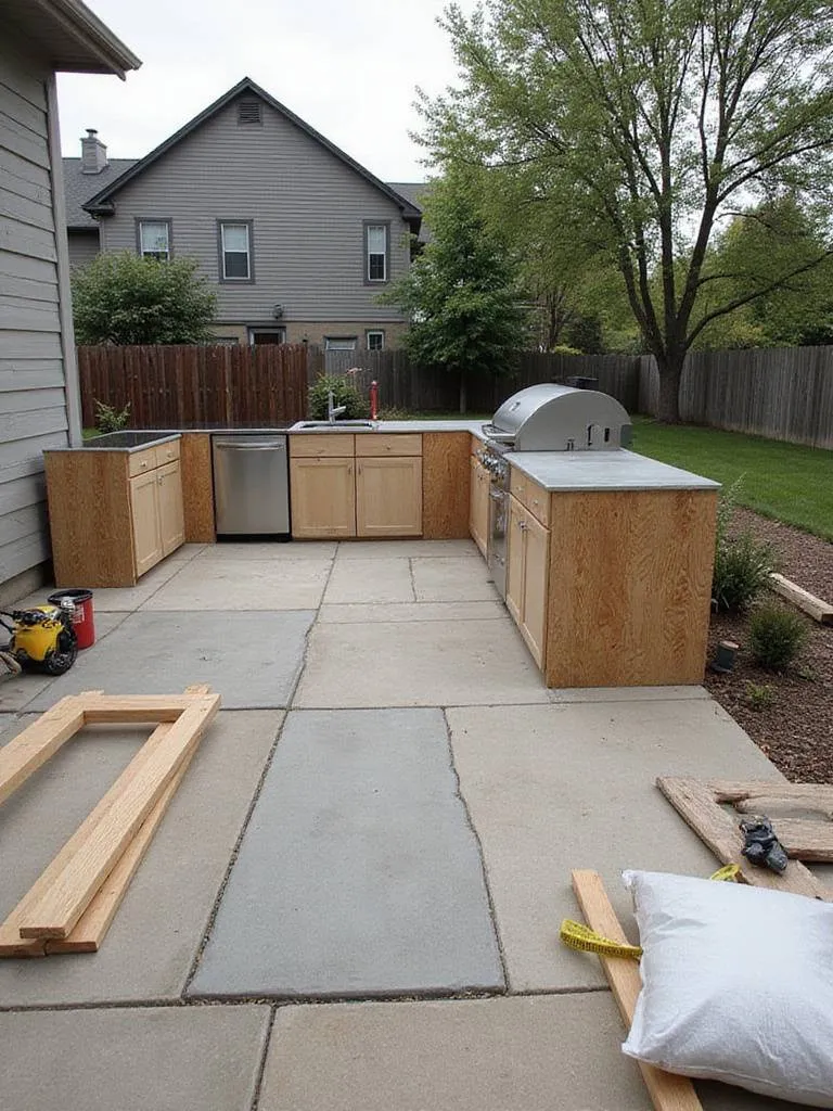 Outdoor kitchen under construction showing budget-friendly design choices.