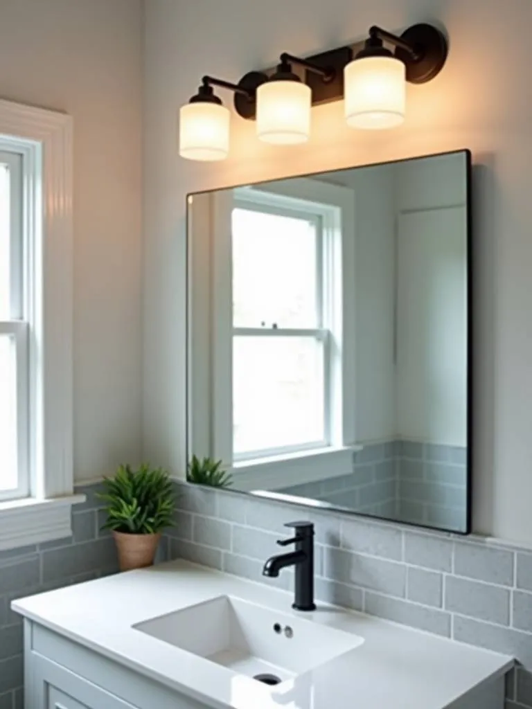 Budget-friendly bathroom lighting ideas with matte black vanity lights and frosted glass shades.