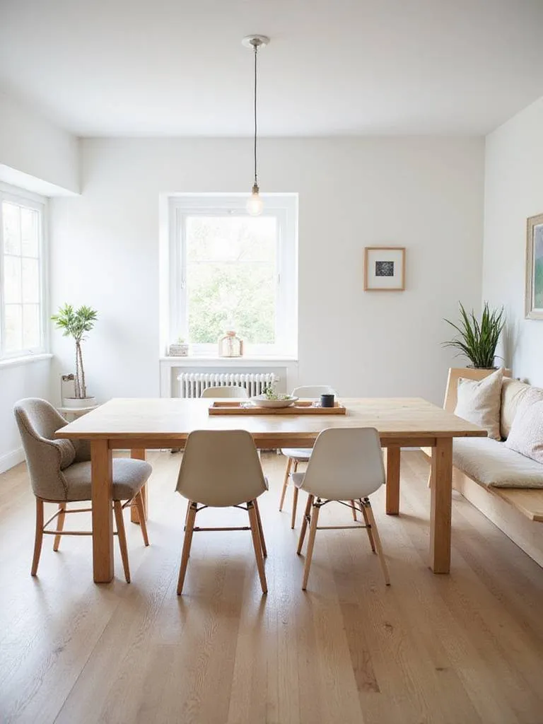 Dining room with farmhouse table and bench seating for a casual and cozy atmosphere.