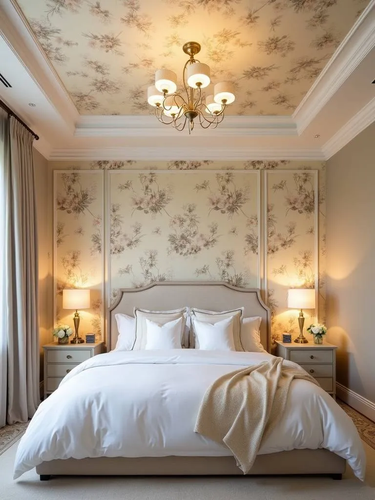 Bedroom with floral wallpaper on the ceiling creating a dreamy and elegant atmosphere.