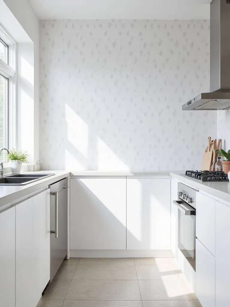 Modern kitchen with white cabinets and geometric triangle wallpaper accent wall.