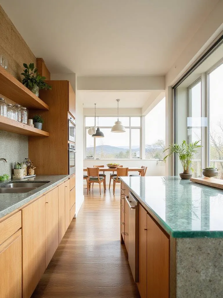 Eco-conscious kitchen design featuring sustainable materials like recycled glass countertops, bamboo cabinetry, and reclaimed wood shelving.