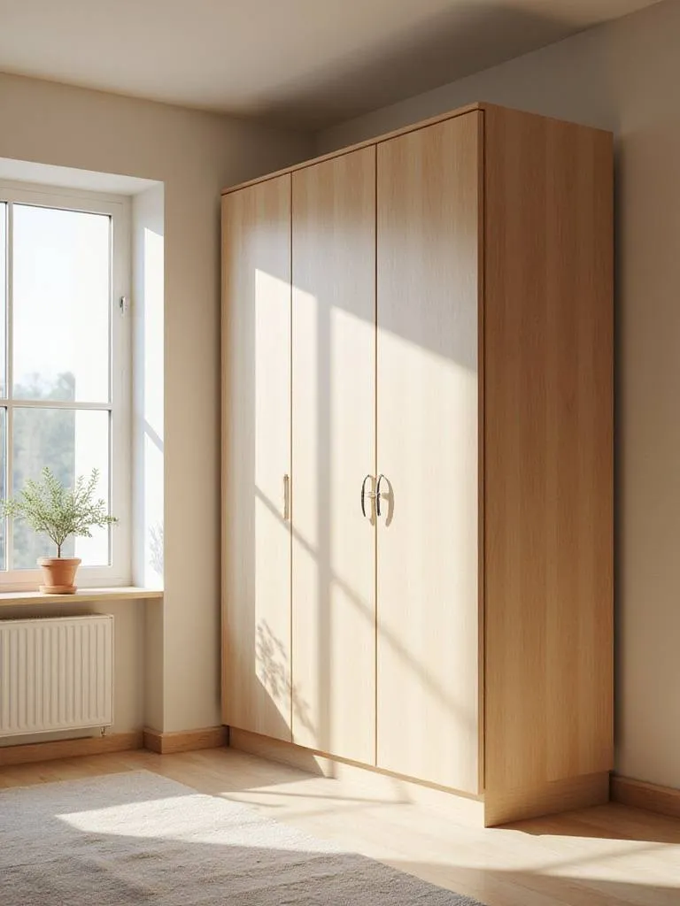 Light wood freestanding wardrobe in a minimalist bedroom.