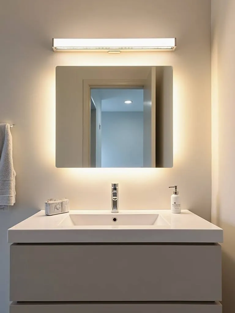 Proportional bathroom lighting above mirror, showing a vanity light fixture that is two-thirds the width of the mirror.
