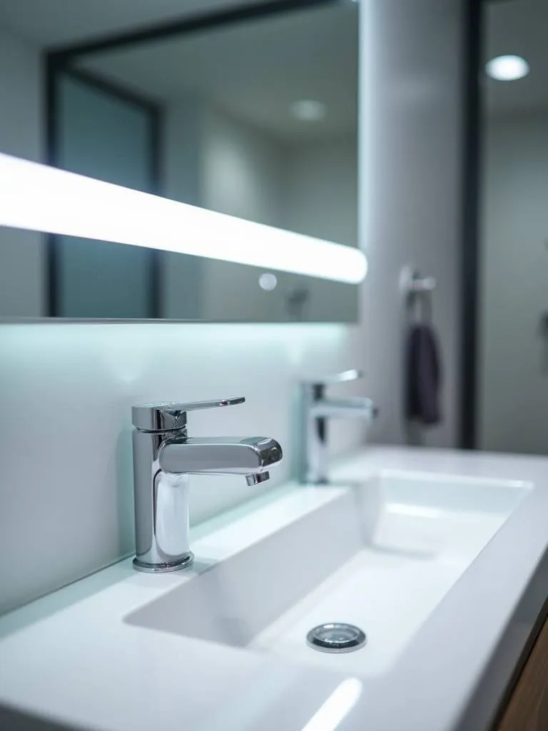 Chrome bathroom lighting fixture above mirror showcasing a modern, reflective design.