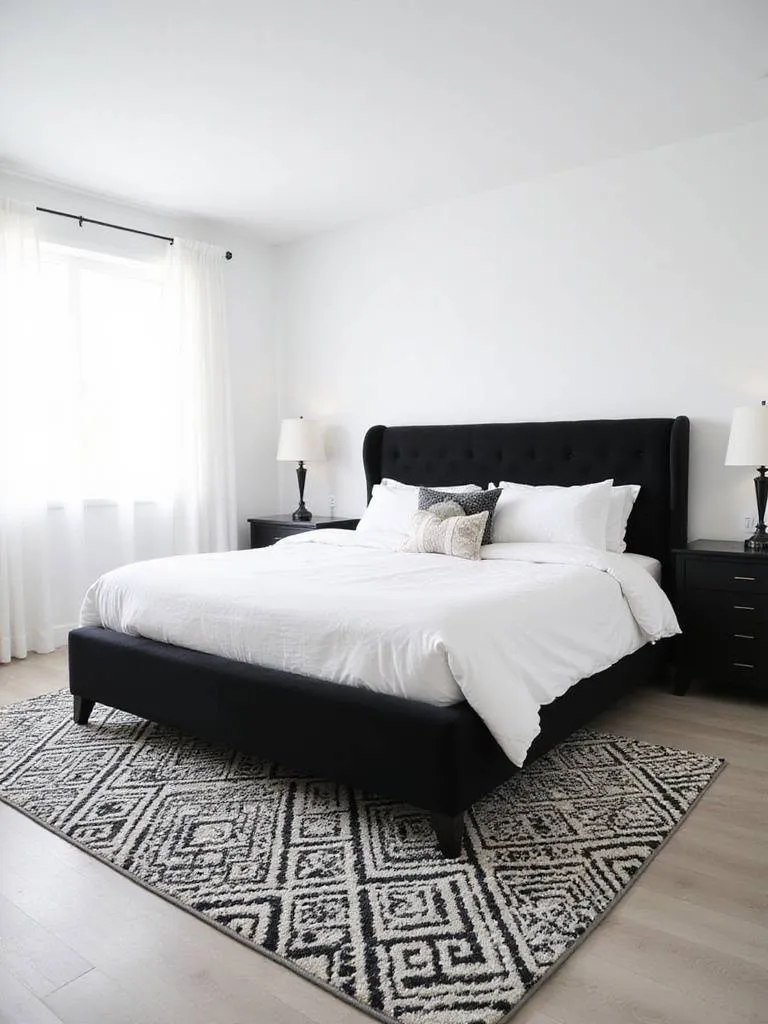 Modern black and white bedroom with geometric rug and linen bedding