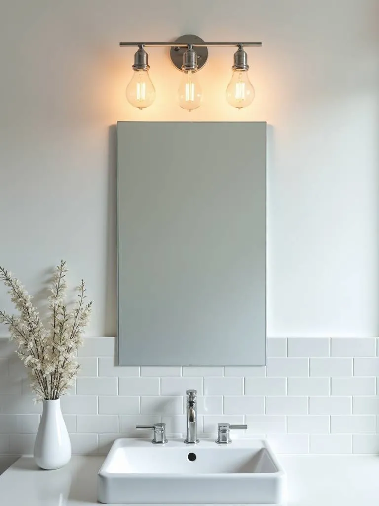 Classic chrome vanity light with warm Edison bulbs providing even illumination in a modern bathroom.
