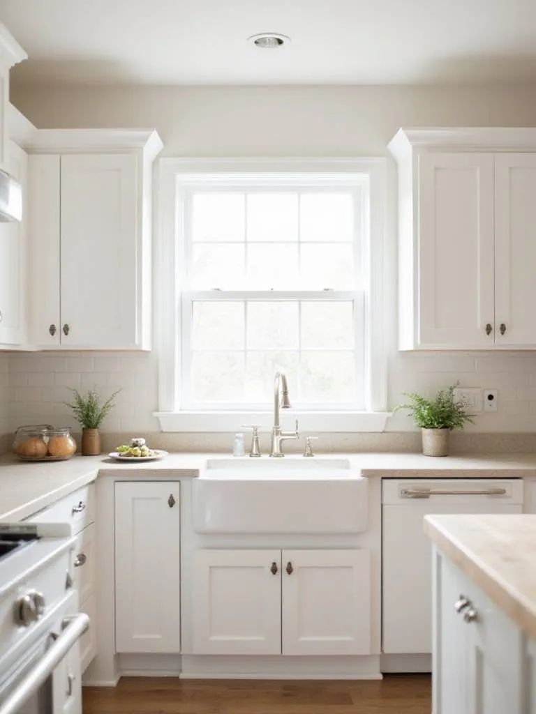 Bright farmhouse kitchen with classic white shaker cabinets and butcher block island.