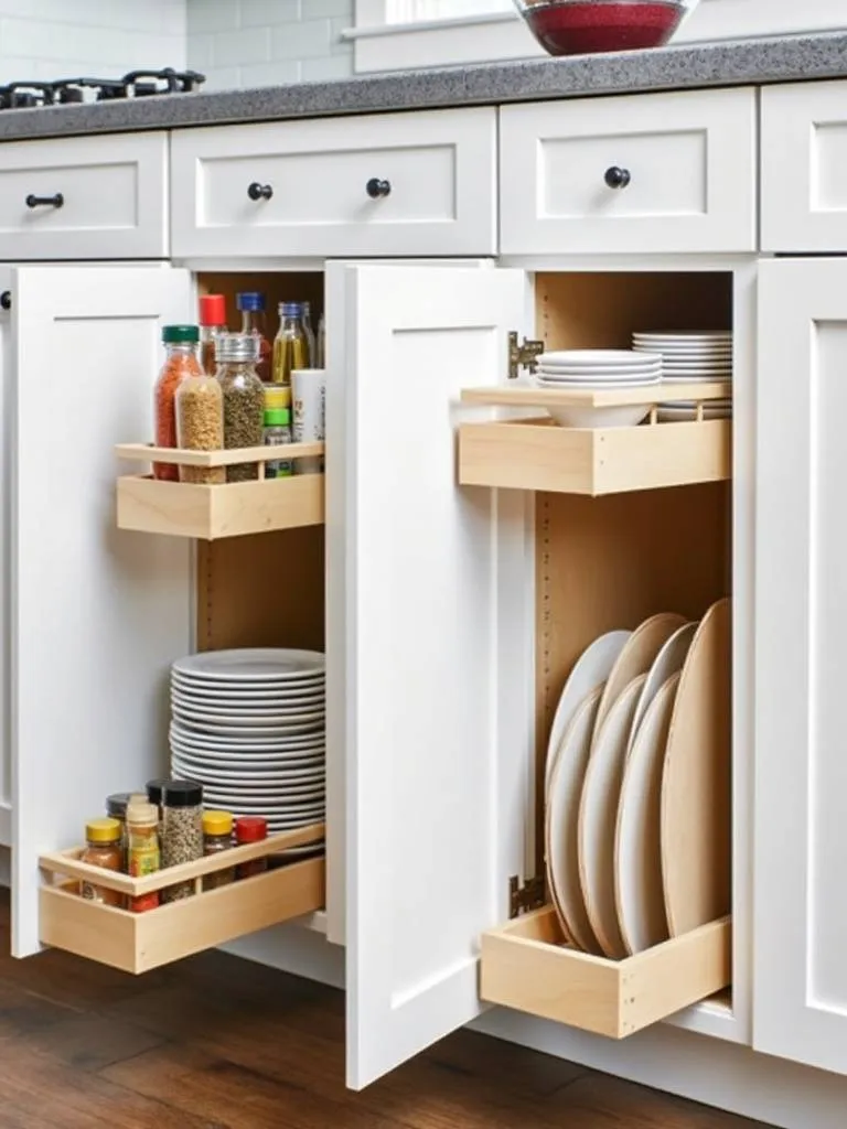 Kitchen cabinet inserts maximizing storage space: pull-out spice rack, tiered shelves, vertical dividers.