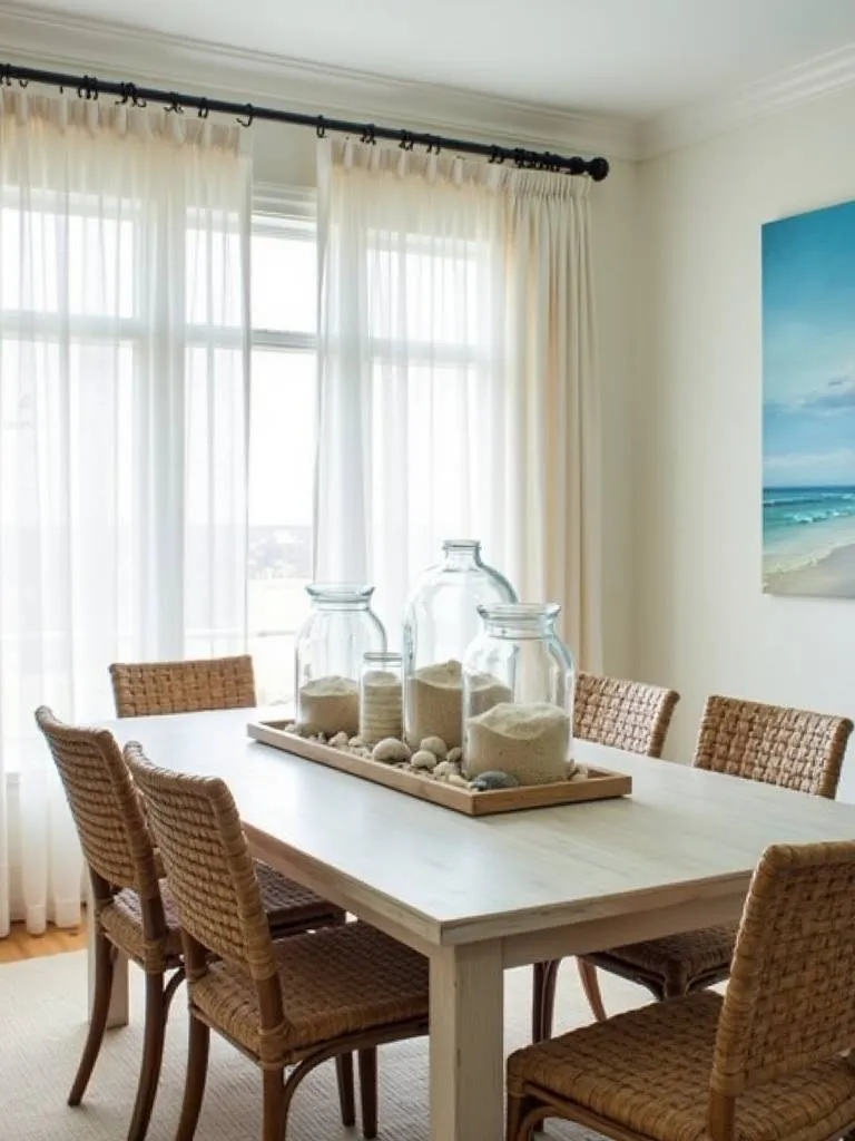 Coastal dining room with light wood table, rattan chairs, and ocean-inspired decor